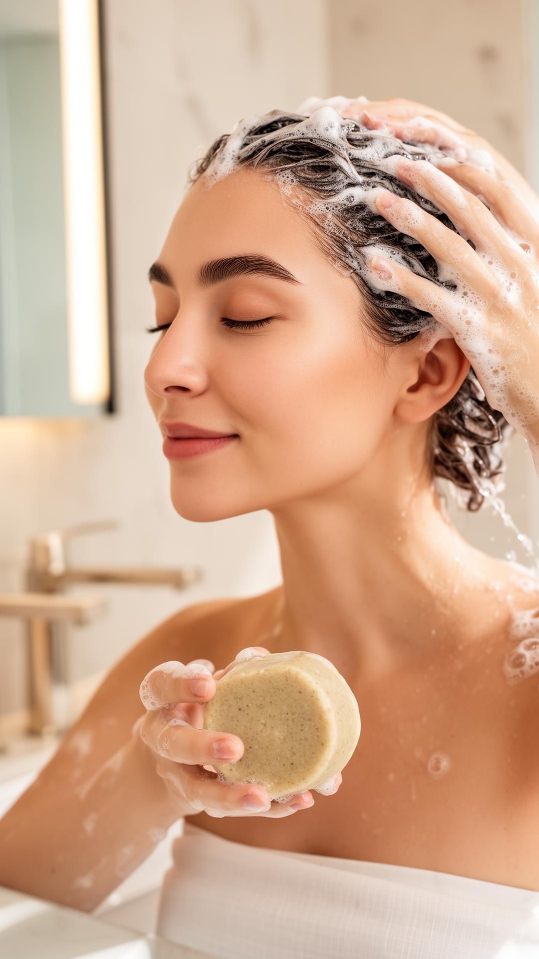 Woman using Herbalux Soothing Solid Shampoo bar during her hair care routine